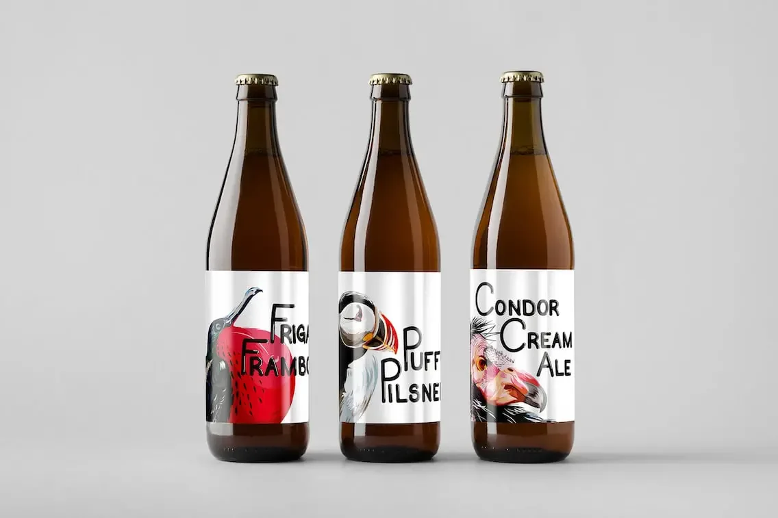 Three beer bottles with custom printed labels